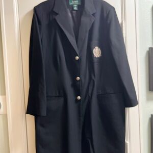 Lauren Ralph Lauren Crested Long Blazer Women 18W Black Wool US Made 3 Buttons
